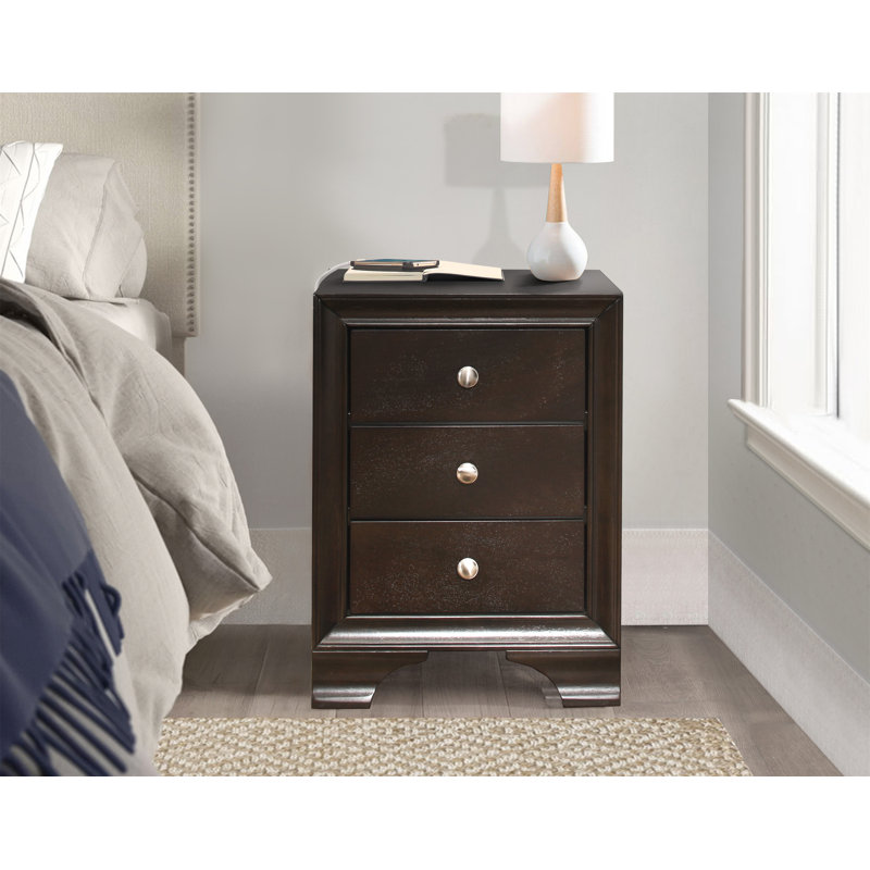 Brown Solid Wood 3-Drawer Nightstand with USB Ports