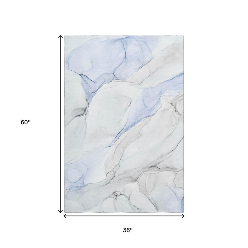 3' X 5' Blue And Ivory Abstract Washable Area Rug With UV Protection