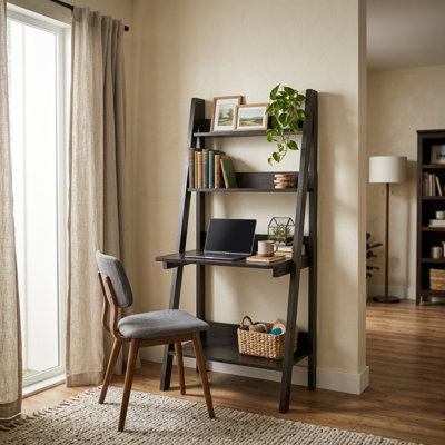 61 in. H x 25.5 in. W x 19 in. D Cappuccino Laminate Leaning Computer Desk With Storage Drawers Shelves