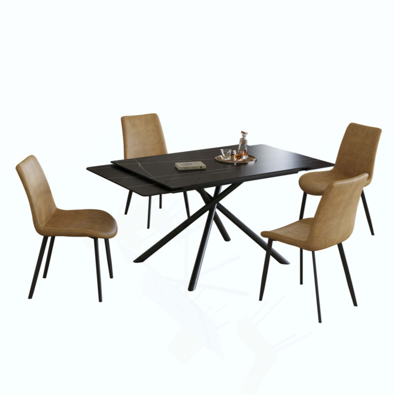 Ensemble de table de salle à manger rétractable en pierre frittée, il présente une conception rectangulaire moderne, avec des pieds de table en acier au carbone et une structure à pieds croisés au bas. (Table + 4 chaises)