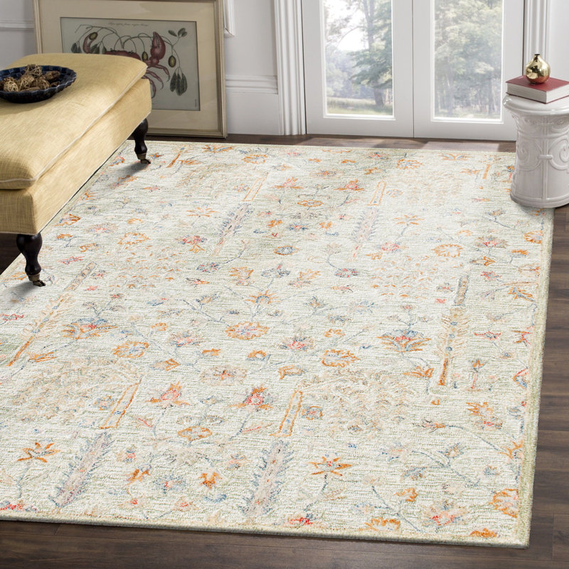 Floral Hand Tufted Wool Rug Cream Green Taupe