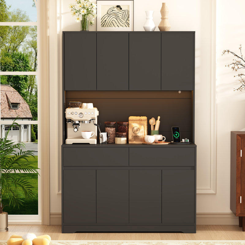 Armoire de rangement pour garde-manger de 71 po de hauteur avec prise de courant et lumière DEL, grande armoire de cuisine avec 2 tiroirs et 8 portes