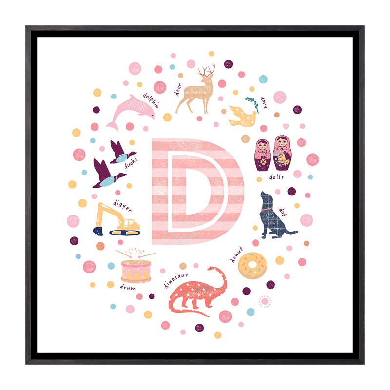 Lettre illustrée D rose - impression, Toile encadrée noir délavé, Pas de tapis, H 18 po x l 18 po x 1,5 po