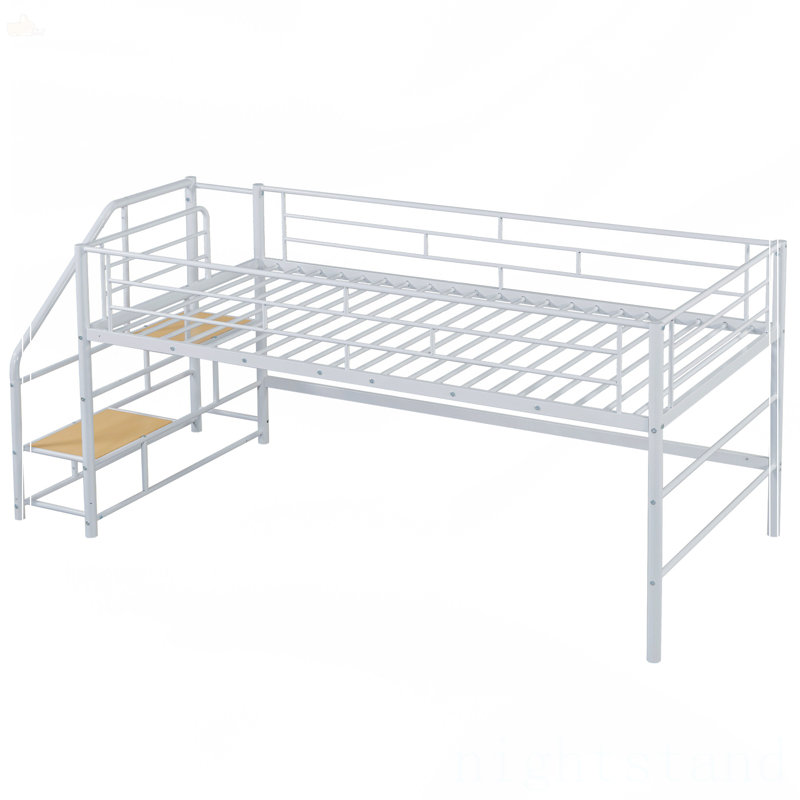 Lit mezzanine moyen avec escalier de rangement, lit plateforme simple, Blanc