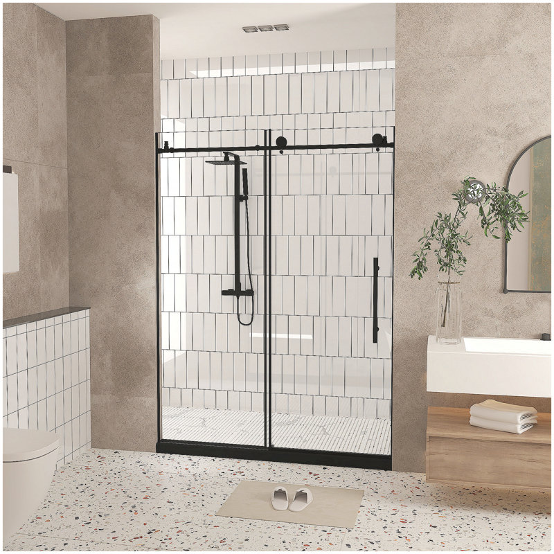 Porte de douche sans cadre l 56 à 60 po x H 76 po, verre trempé transparent de 1/4 po (6 mm), film antidéflagrant, poignée en acier inoxydable, noir mat