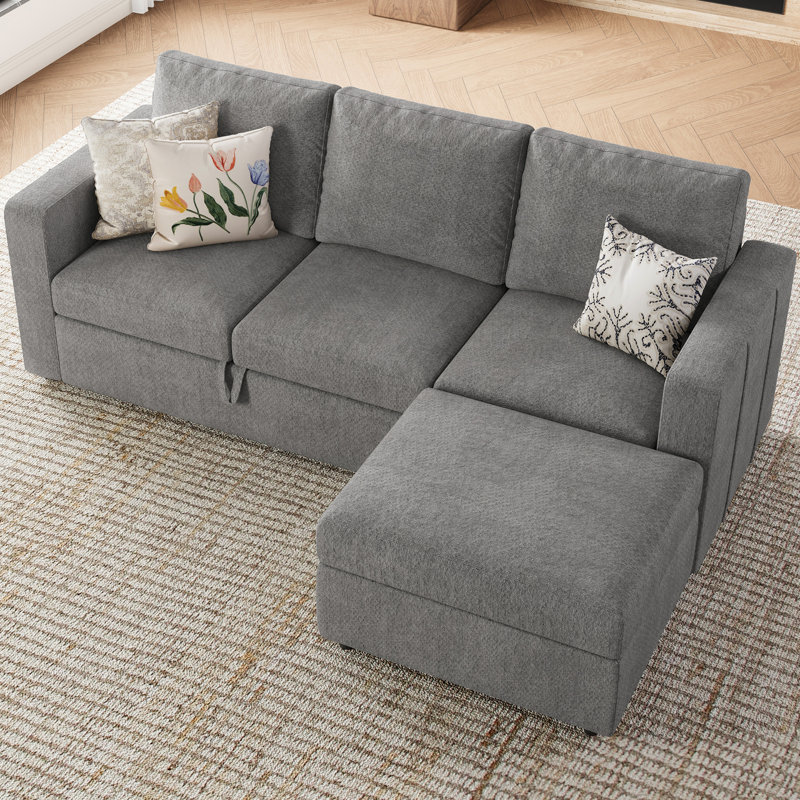 Rafael L-Shaped Modular Sleeper Sectional with Storage, Light Gray Chenille