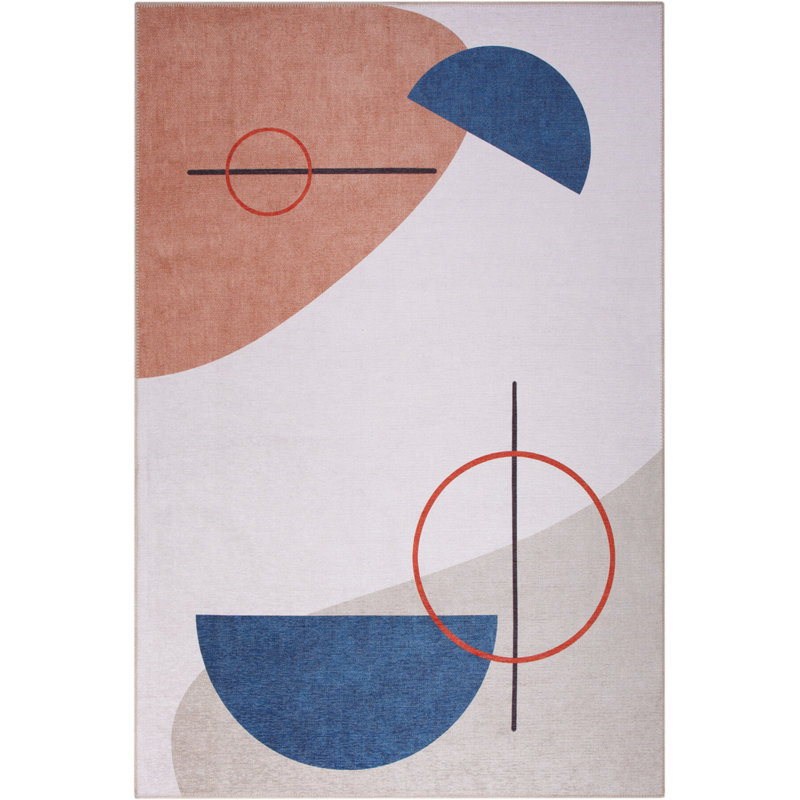 Tapis décoratif bleu, beige, géométrique et rose, Rectangle 3 pi 10 po x 5 pi 3 po
