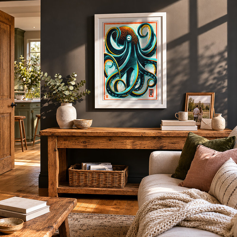 Octopus In Motion Japandi - Print, A1 - 84.1 x 59.4 cm, White