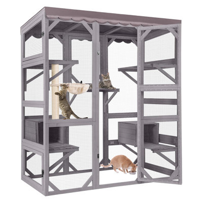 Cat House Outdoor Catio Kitty Enclosure with Super Large Enter Door,Wooden Cat Cage Condo Indoor Playpen with Platforms,Small House,70 Inch