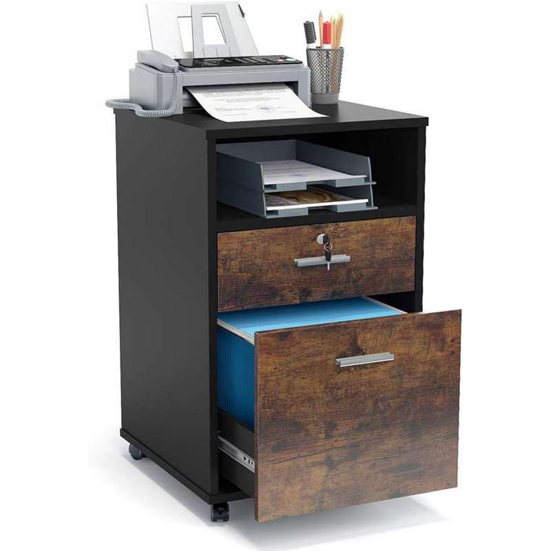 Mobile File Cabinet With Lock, Filing Cabinet With Storage Drawers And Open Shelf For Home Office