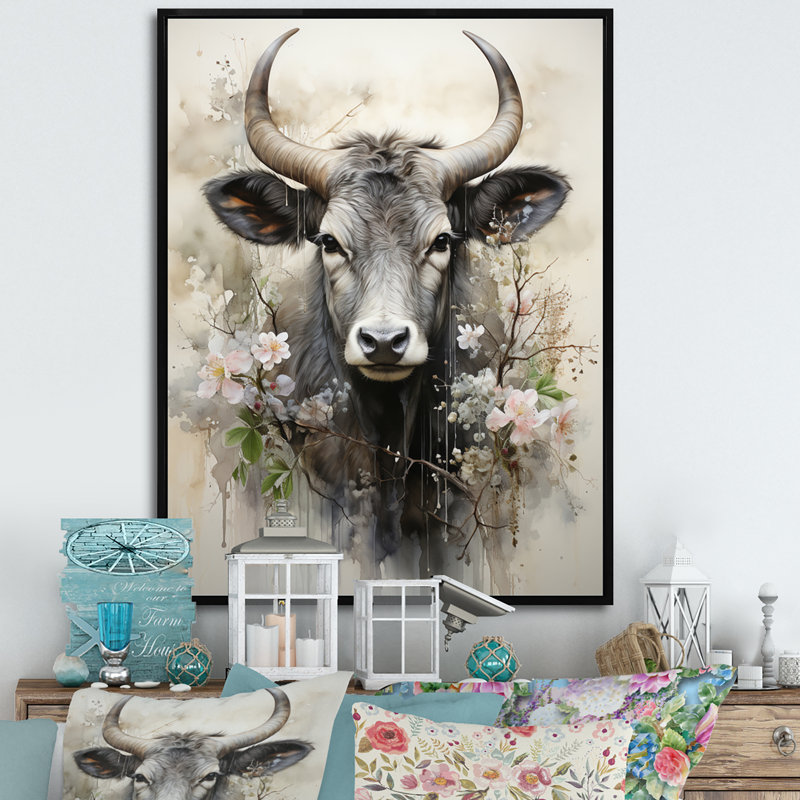 Bernoise Asian Art Cow Sumi II - reproduction d'art, H 44 po x l 34 po x P 1,5 po, Cadre flottant noir