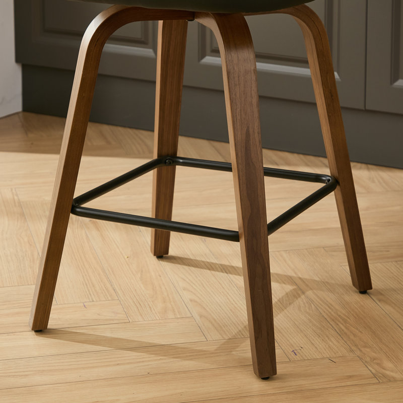 Tabouret de comptoir pivotant de 26 po avec dossier en rotin et pieds en bois courbé au fini noyer, Similicuir brun, 4