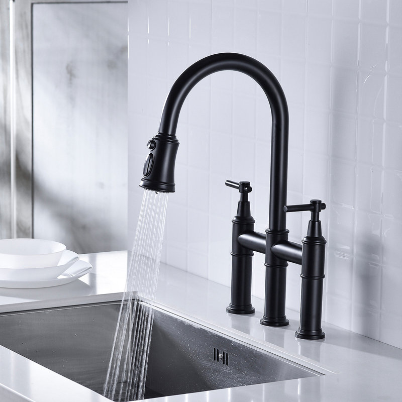 Bridge Kitchen Faucet With Pull-Down Sprayhead In Spot, Matte Black