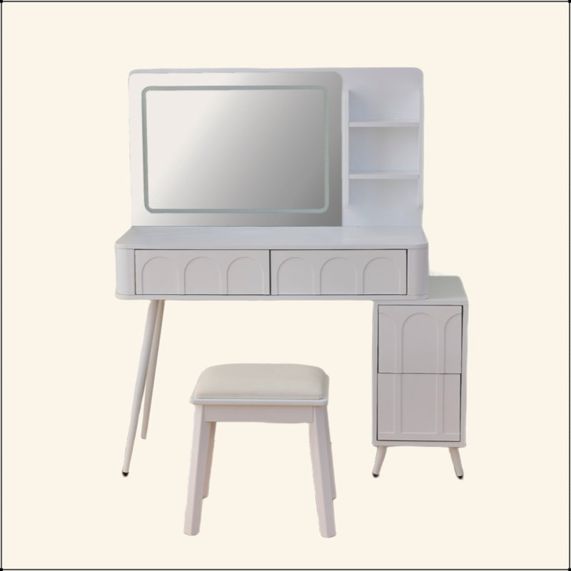 Modern Makeup Vanity Desk With LED Lights & Mirror, 4 Drawer Dressing Table Set With Stool, 3 Colors Dimmable Brightness, Space-Saving For Bedroom
