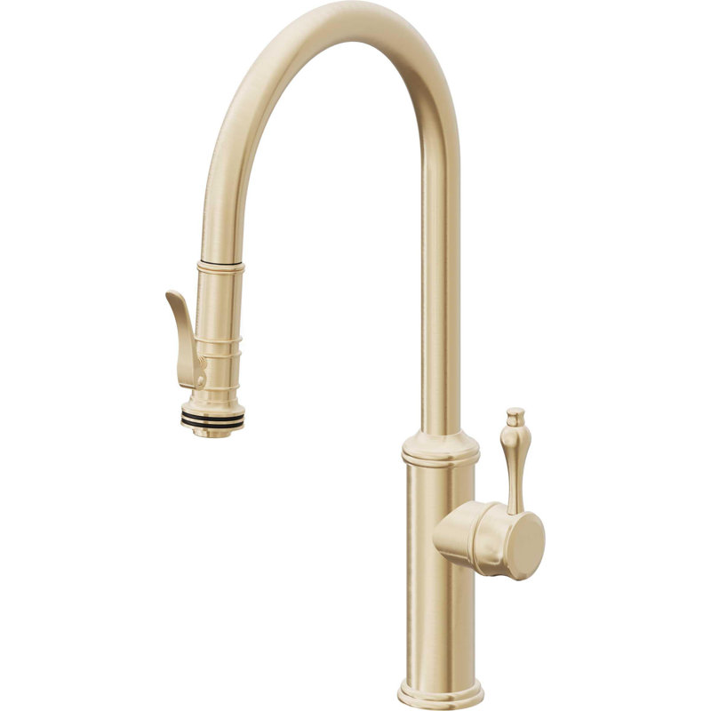 Davoli Pull-Down Kitchen Faucet with Squeeze Sprayer - High Arc Spout, Satin Brass, Modern Lever