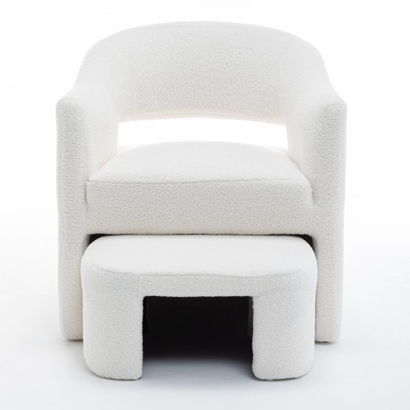 Torrence Upholstered Barrel Chair With Ottoman, White Faux Fur