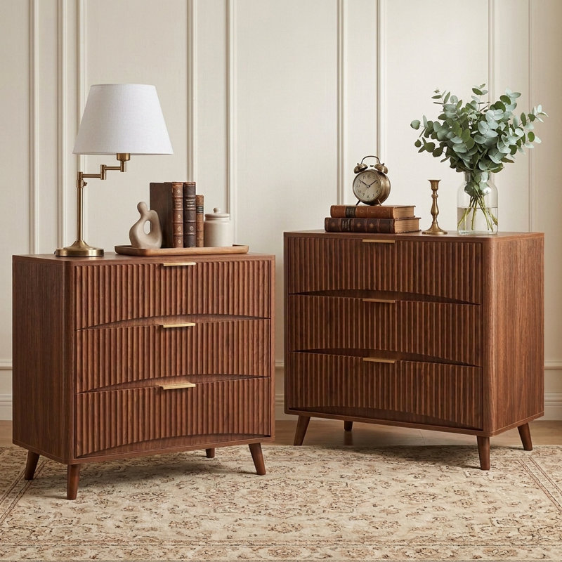  31.5''W Large Walnut Fluted Nightstand Set of 2, 3 Drawer Night Stand Bedside Table, Wood Bedroom Nightstand , 29.35'' H X 31.5'' W X 15.75'' D
