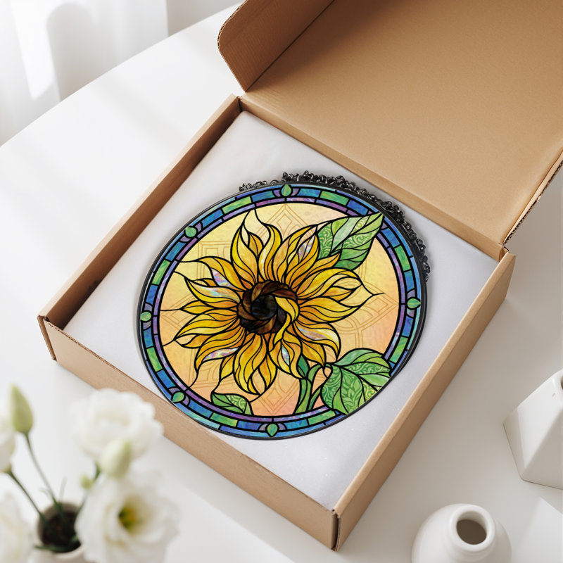 12"H Sunflower Pattern Stained Glass Window Panel, 12" H x 12" W