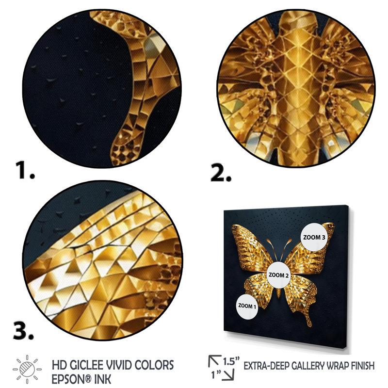 «Black and Gold Diamonds Butterly II», art mural papillon, Toile tendue, 44" H x 44" W