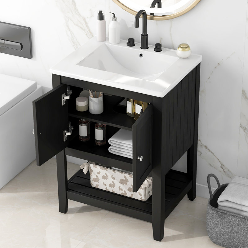Meuble-lavabo simple 24 po avec comptoir en céramique 24 po, Noir, noir, noir, noir