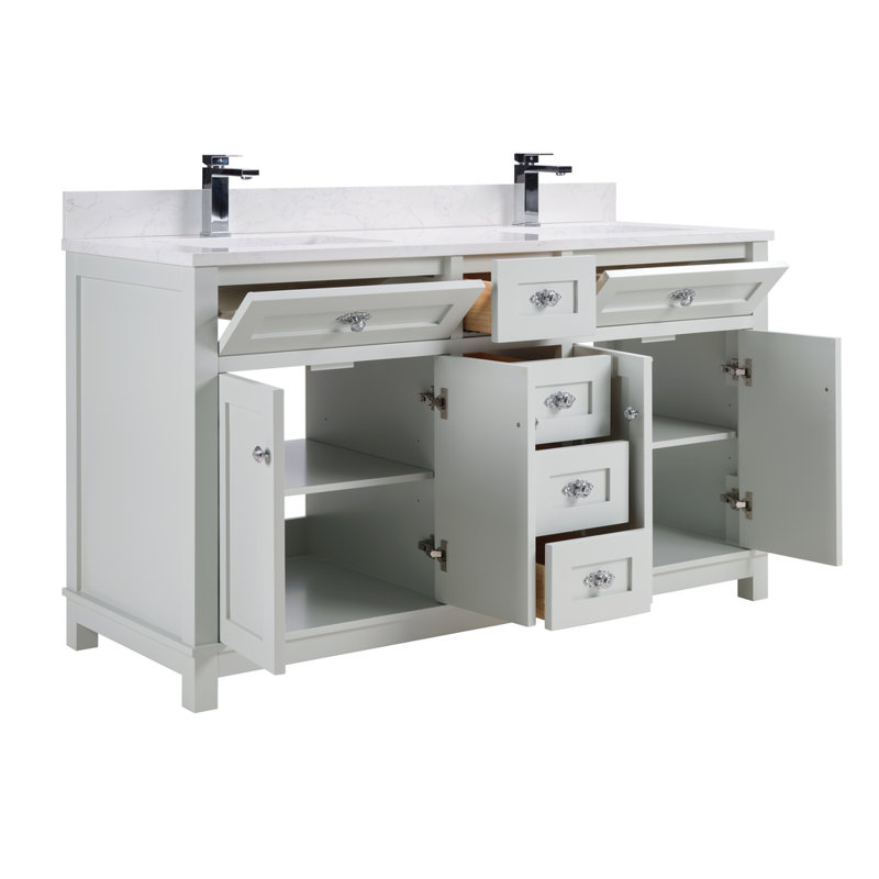 Meuble-lavabo en bois massif 60 po avec comptoir en pierre reconstituée et lavabo double 60 po, Brin argenté, Chrome poli