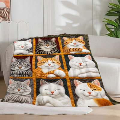 1Pc Cute Cat Illustration Flannel Blanket, Soft And Cozy Cat Design For Sofa/Bed/Travel, 30*40