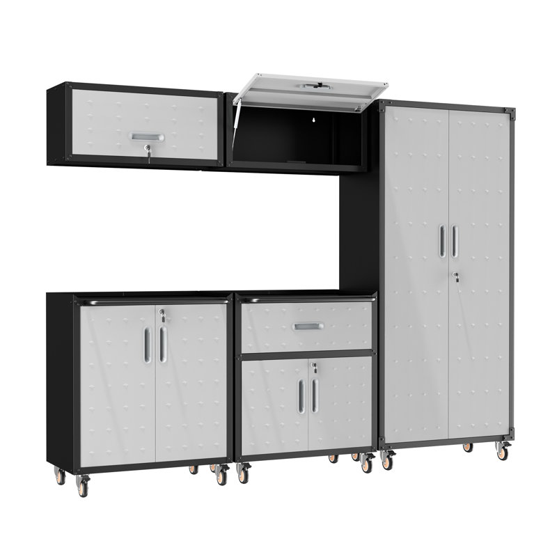Ensemble de rangement pour garage 5 pièces : armoires métalliques à roulettes, 2 armoires murales, 2 armoires à roulettes, 1 armoire à panneaux perforés et 1 coffre à outils verrouillable.