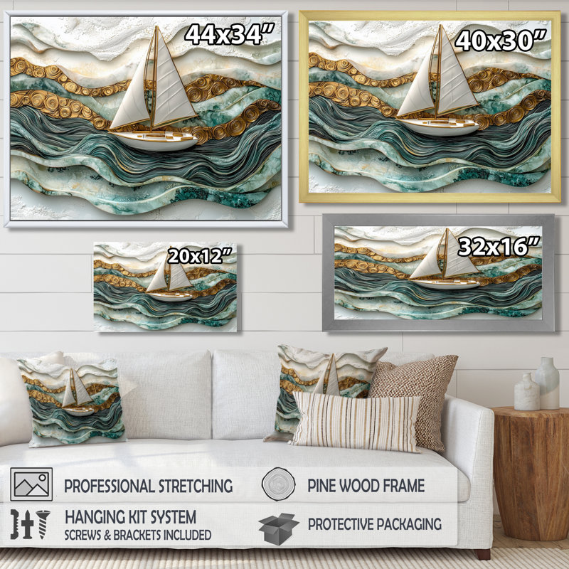 Voilier doré sur l'océan Emerald III - bateau, art mural, H 30 po x l 40 po, Reproduction d'une seule photo avec cadre