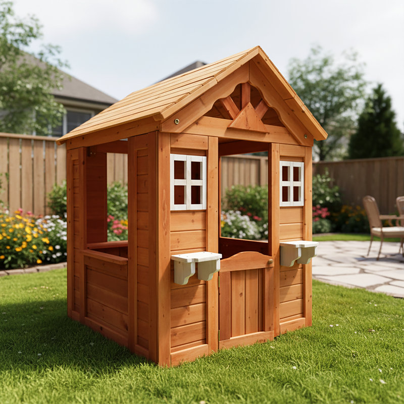 Shirley Wooden Kids Playhouse with Flowerpot Holders & Windows