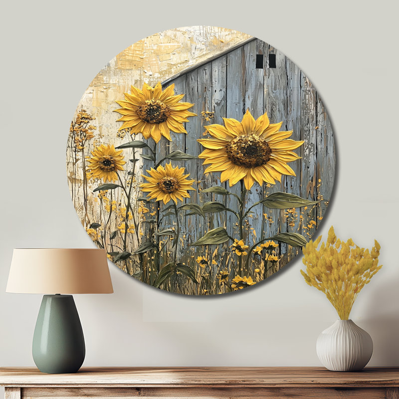 Art mural rond en tournesols rétro par The Grain Barn II, H 23 po x l 23 po