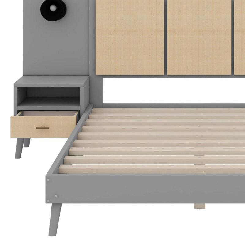 Structure de lit grand en bois massif avec 2 tables de chevet, gris