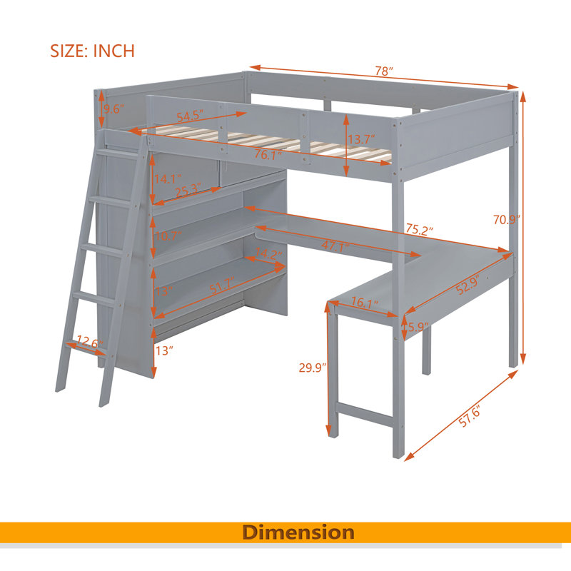 Lit mezzanine double avec bureau et tablette, Grey