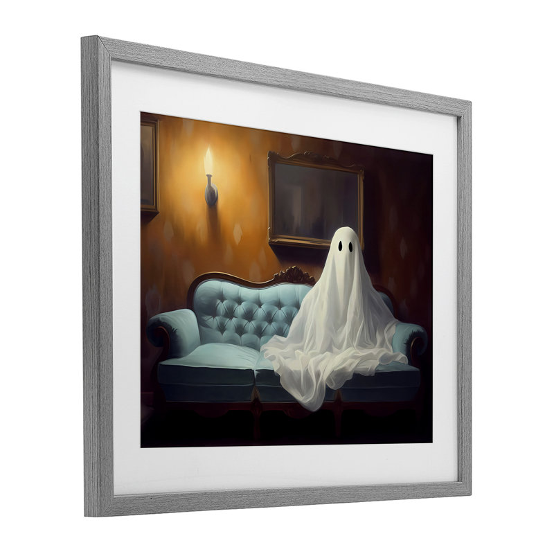 «Ghost on Spooky Couch», reproduction sous verre, conception de LSR Design Studio, H 13 po x l 16 po, Cadre de ferme gris