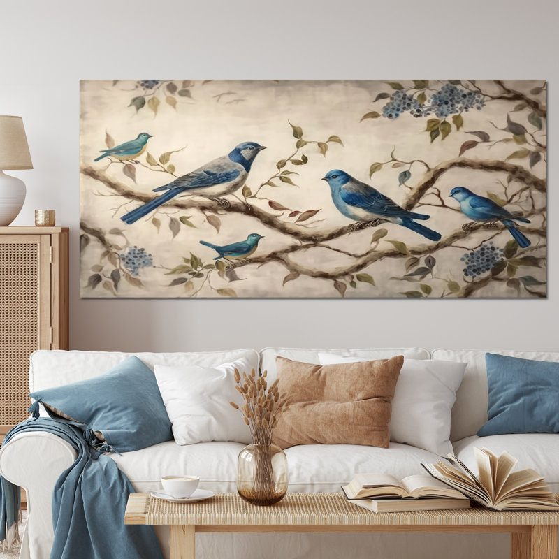 Quatre oiseaux bleus rétro sur une branche I - reproduction sur toile, Toile tendue, 28" H x 60" W
