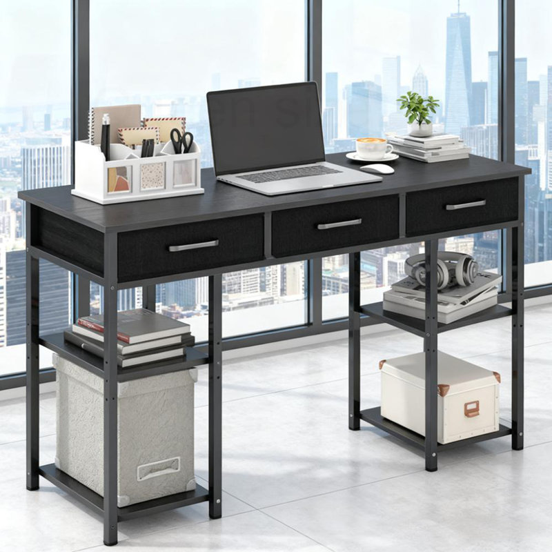 Small Computer Desk with Fabric Drawers, Black