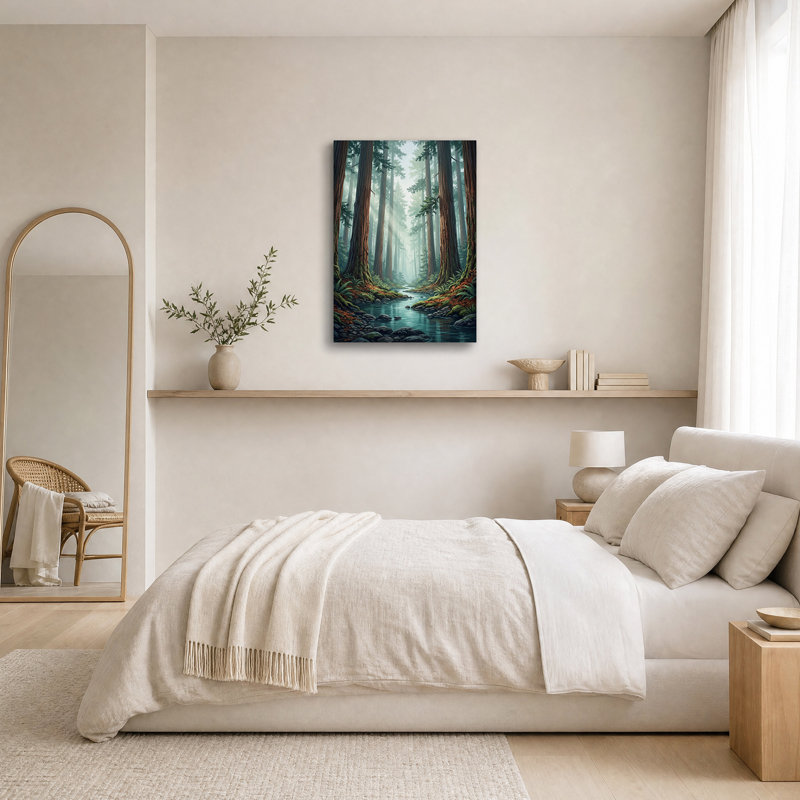 Art mural sur toile, "Misty Forest Stream" avec fougères ensoleillées, H 24 po x l 16 po