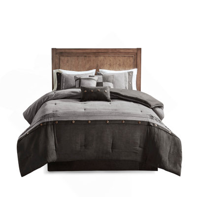 Soft 7 Piece Faux Suede Comforter Set, Lodge Cabin Style With Decorative Buttons And Hypoallergenic Filling, Queen Size