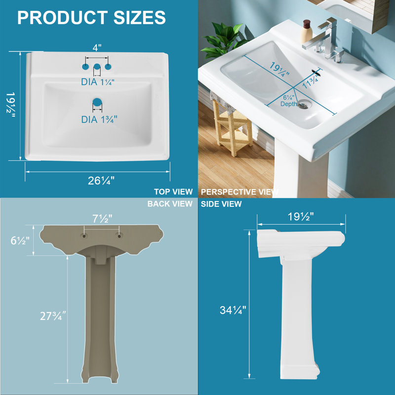 26"W x 19.5"D Pedestal Sink for Bathrooms Rectangular Vitreous China,3 Faucet Holes & Overflow,White, Glossy White