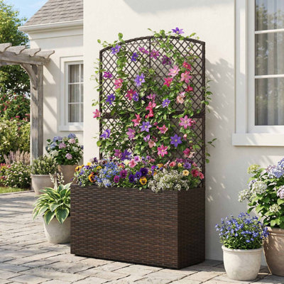 49 Inch Raised Garden Bed With Sturdy Climbing Trellis And Handwoven Wicker Planter Box With Drainage Holes Stable Base