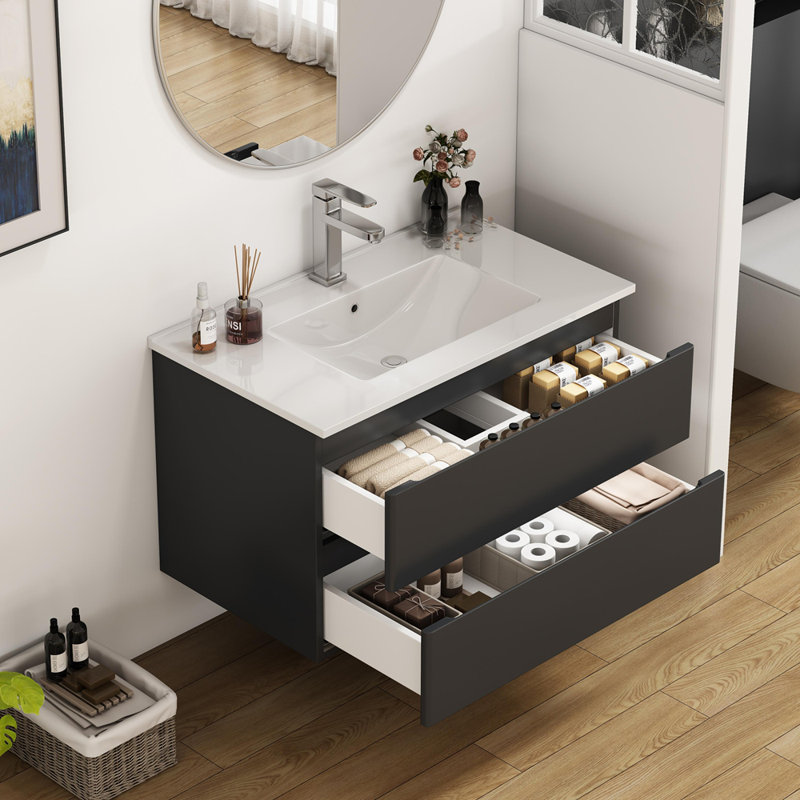 Meuble-lavabo mural de 32 pouces avec lavabo combiné, tiroirs doubles, façades de tiroirs arrondies, système de fermeture en douceur, lavabo en céramique, conception sans poignée, bois massif, facile à installer, le robinet n'est pas inclus