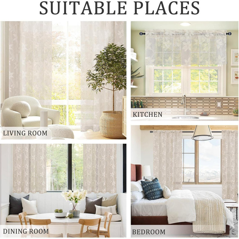 2 Panels Floral Lace Sheer Curtains - Elegant Design Rod Pocket Boho Chic Decor Window Voile Sheer Drapes Farmhouse Style for Bedroom and Living Room