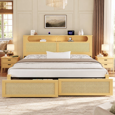 Modern Rattan Platform Bed Frame With Headboard Storage & USB Charging Ports