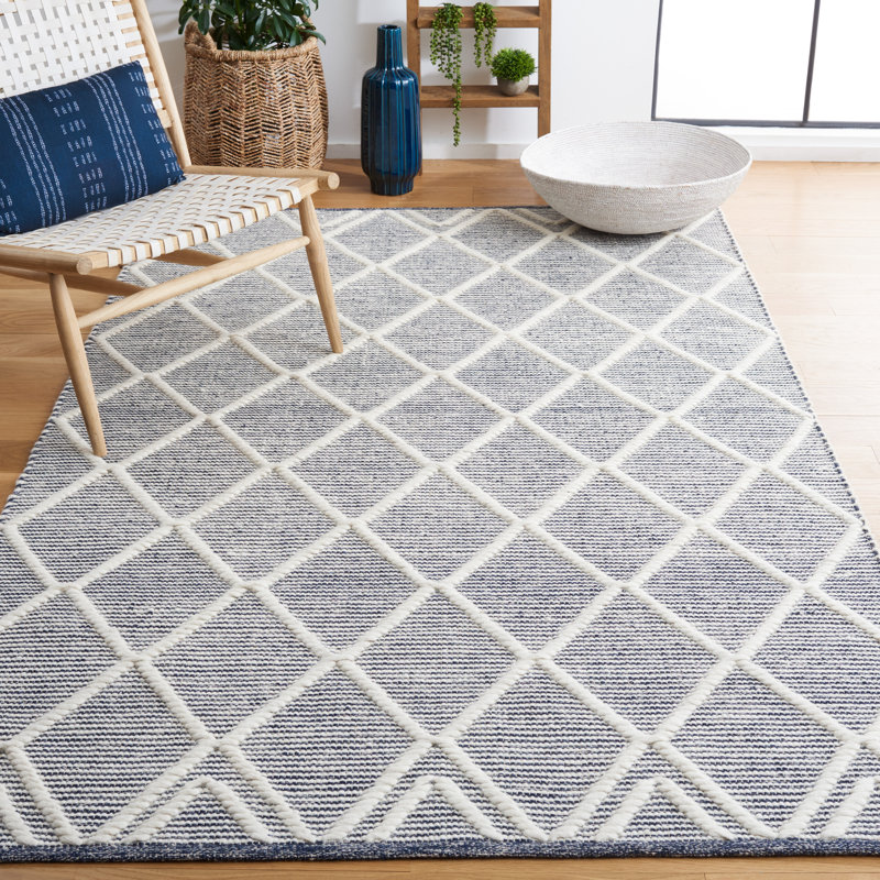 Tapis géométrique en laine et en coton tissé à la main jacquard ivoire / bleu marine, Rectangle 5 pi x 8 pi