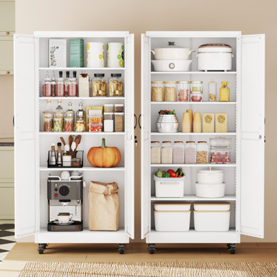 Armoire de rangement de garage moderne en métal verrouillable de 190 cm (74,8 po) de hauteur, avec roulettes et 5 étagères réglables, pour usage multiple, blanche.