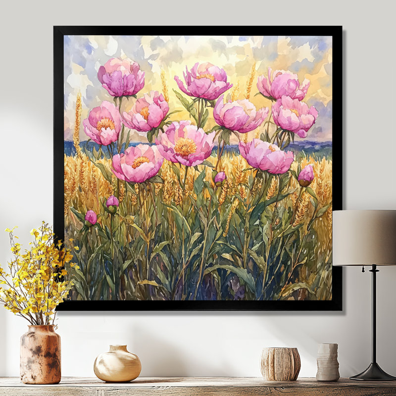 Pivoines par le champ d'or I - pivoines, art mural, Reproduction encadrée d'une seule photo, Noir, H 16 po x l 16 po