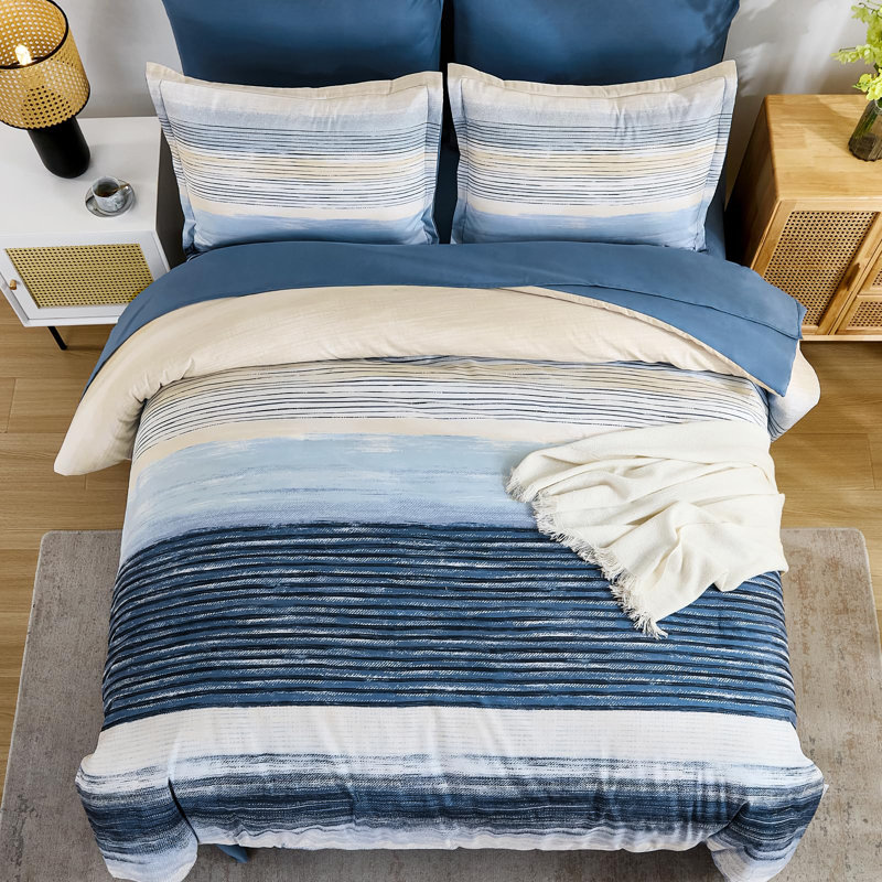 7 Pieces Striped Comforter Bedding Set All Season Bed in A Bag with Sheets, Pillowcases & Shams, Blue Striped