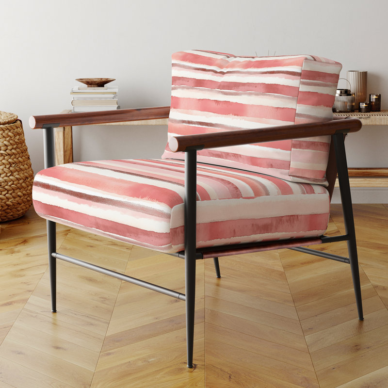Chaise rembourrée à rayures - rose et beige, Bras ronds bruns