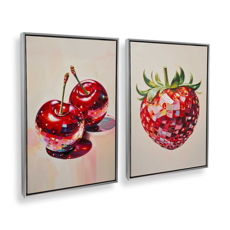 Ensemble de 2 cerises disco et fraises, H 13 po x l 18 po, Cadre flottant en chrome poli