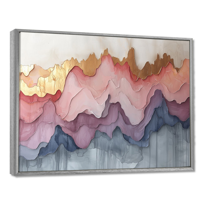 «Abstract Gold and Pink Ink River», art mural abstrait à l'encre liquide, H 34 po x l 44 po, Cadre flottant, Argent argent