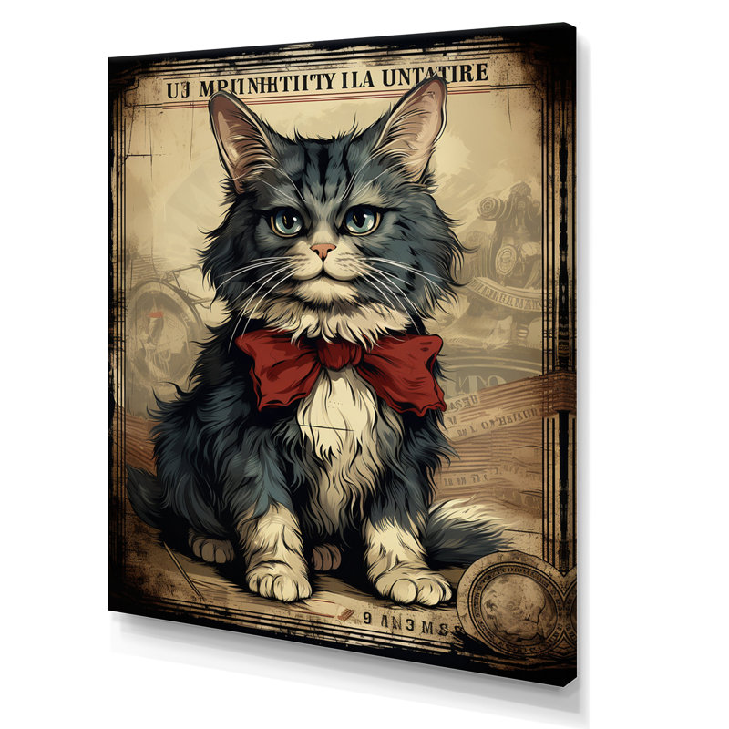 Illustration d'un chat avec un arc rouge, Toile tendue, H 44 po x l 34 po x P 1,5 po